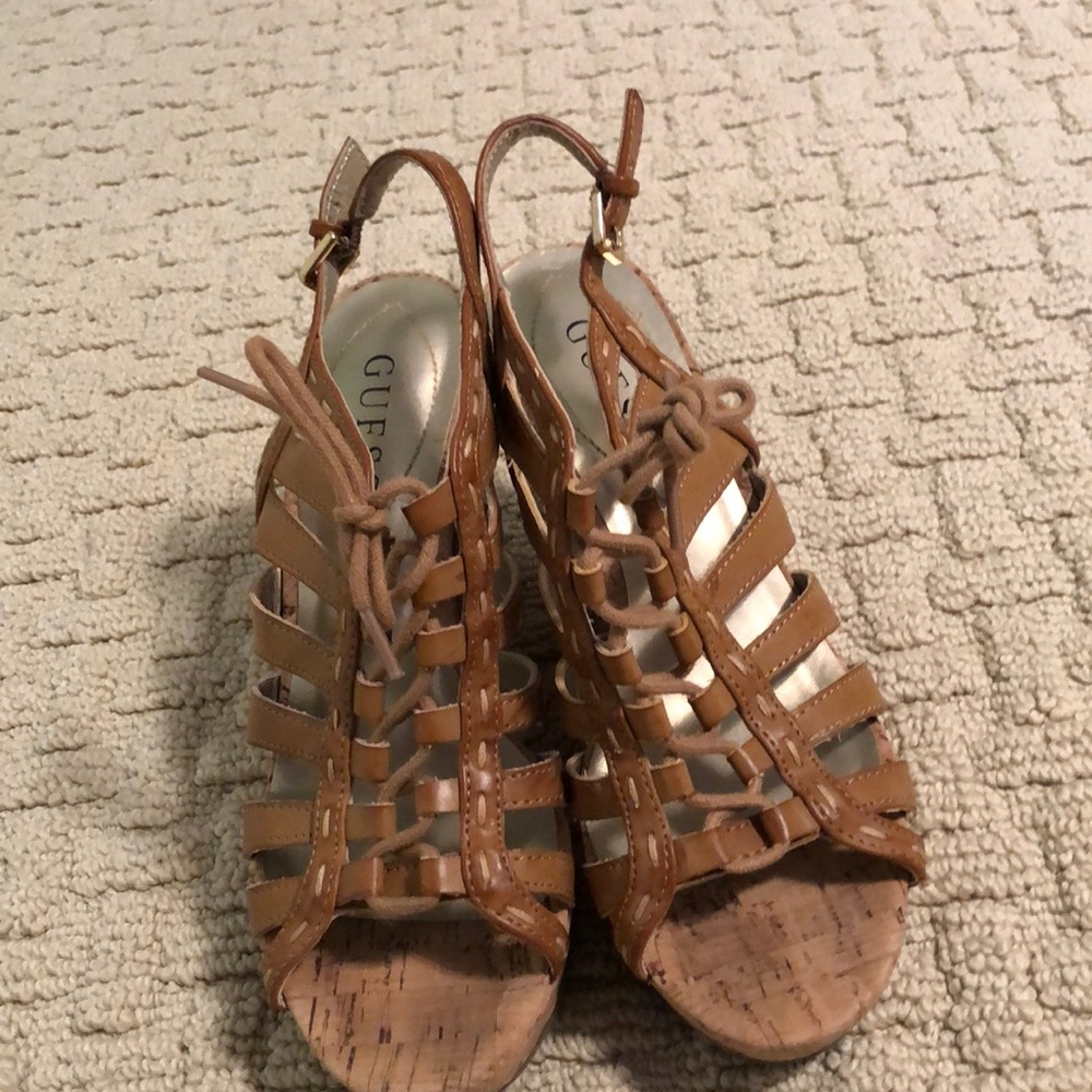brown guess cork wedges